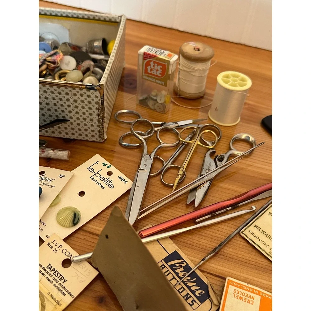 Vintage Sewing Notions Lot Buttons Needles Thimbles Mixed Multi Ornate Crest MCM